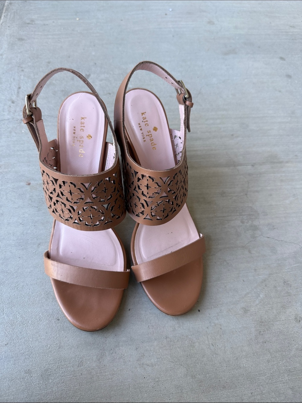 kate spade Tan Laser-Cut Leather Slingback Heels with Pink Insole
